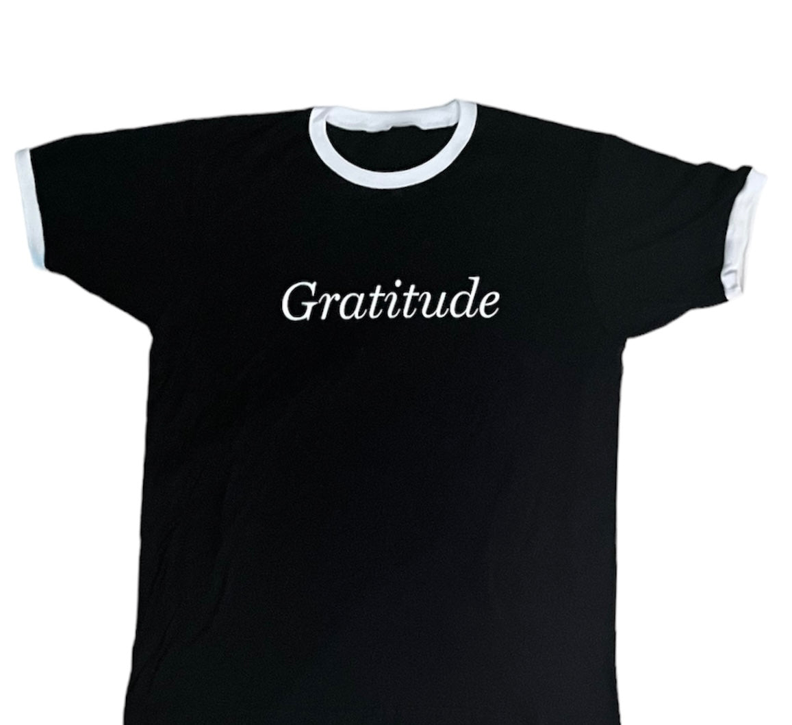 Black Short Sleeve T-Shirt White Lettering Gratitude