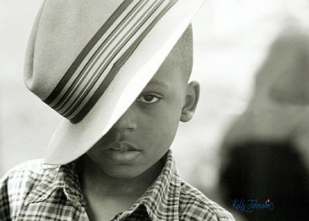 Black Boy in hat Black & White Fine Art Photography Print 17x11Black Artist Kelly Johnson